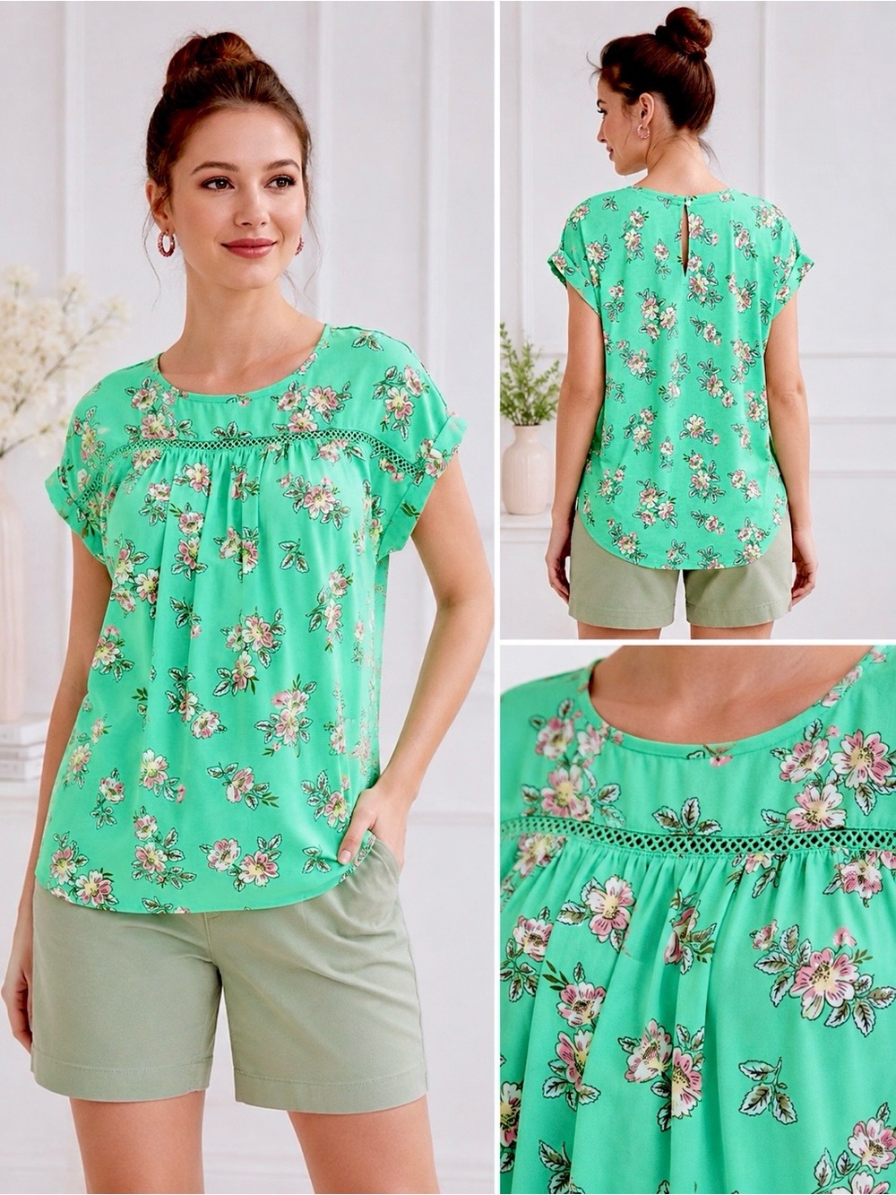 Ann Taylor LOFT Georgette Floral Blouse Crochet Detail Mixed Media Dolman Sleeve
